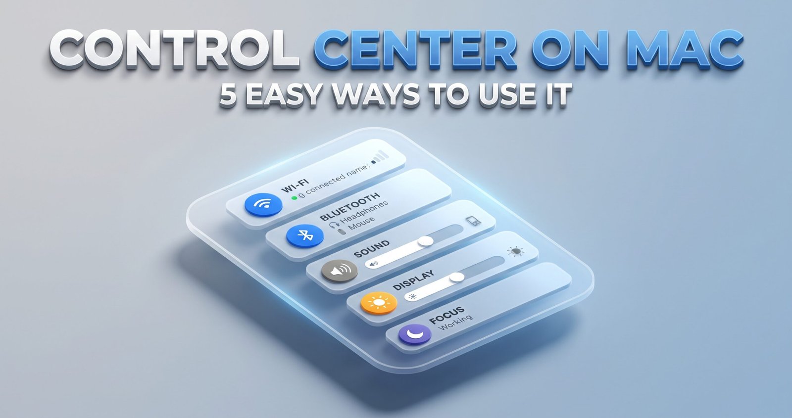 3D rendered graphic displaying the Control Center on Mac interface featuring Wi-Fi, Bluetooth, sound, and display options.